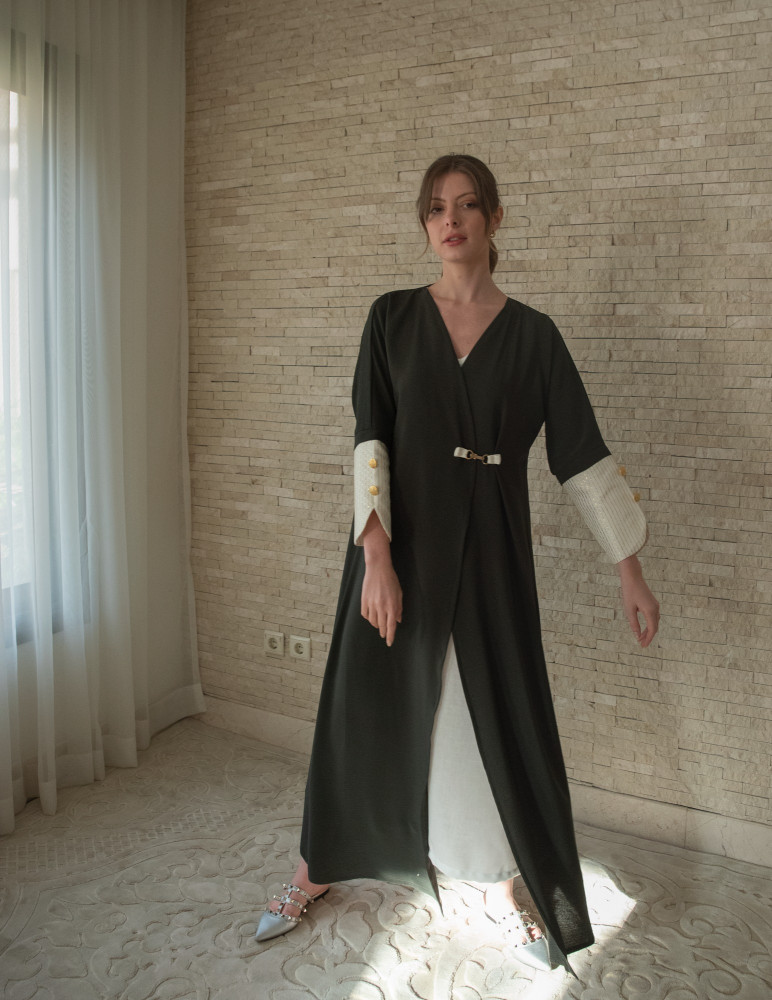 Olive green Abaya with gold sleeves