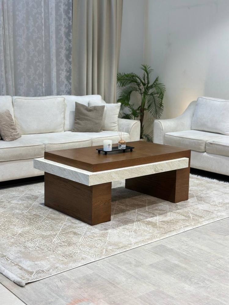 طاولة تقديم خشب سنديان بتفاصيل رخامية – تصميم أنيق وفاخر