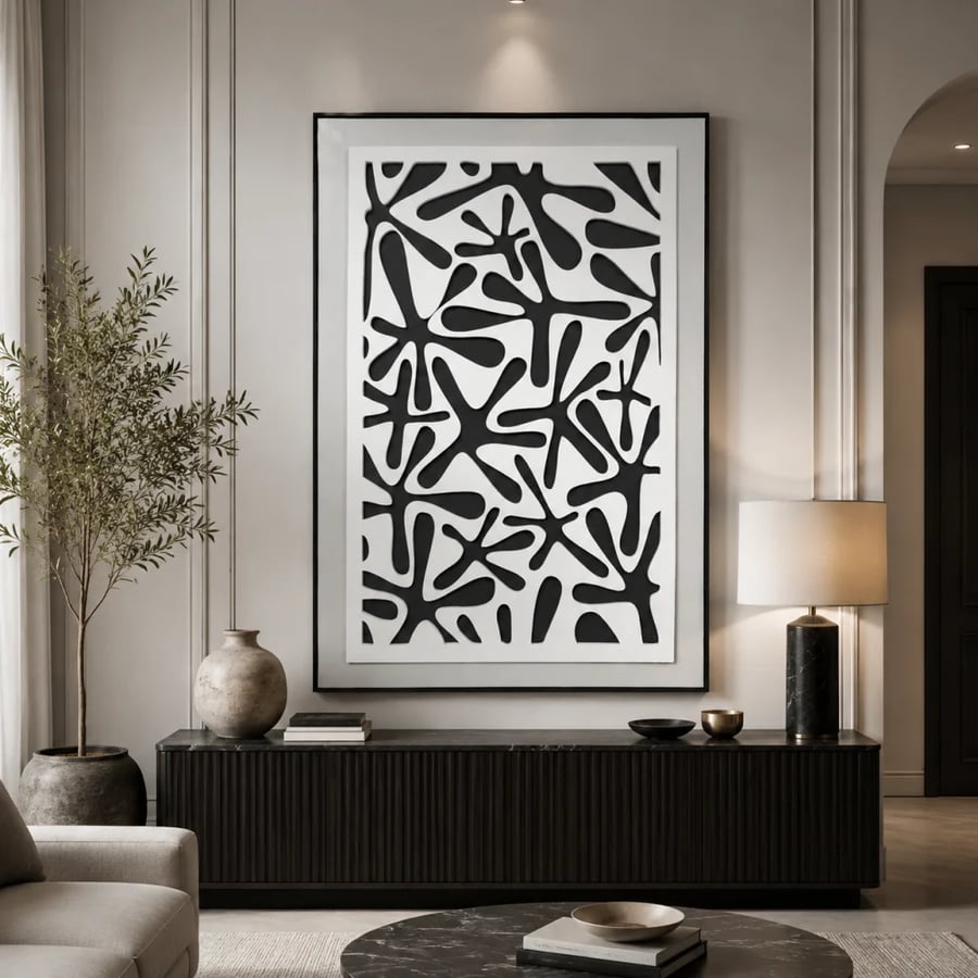 لوحة جدارية ديكوري بخامة خشب MDF أسود وأبيض 100 × 150 سم واسع