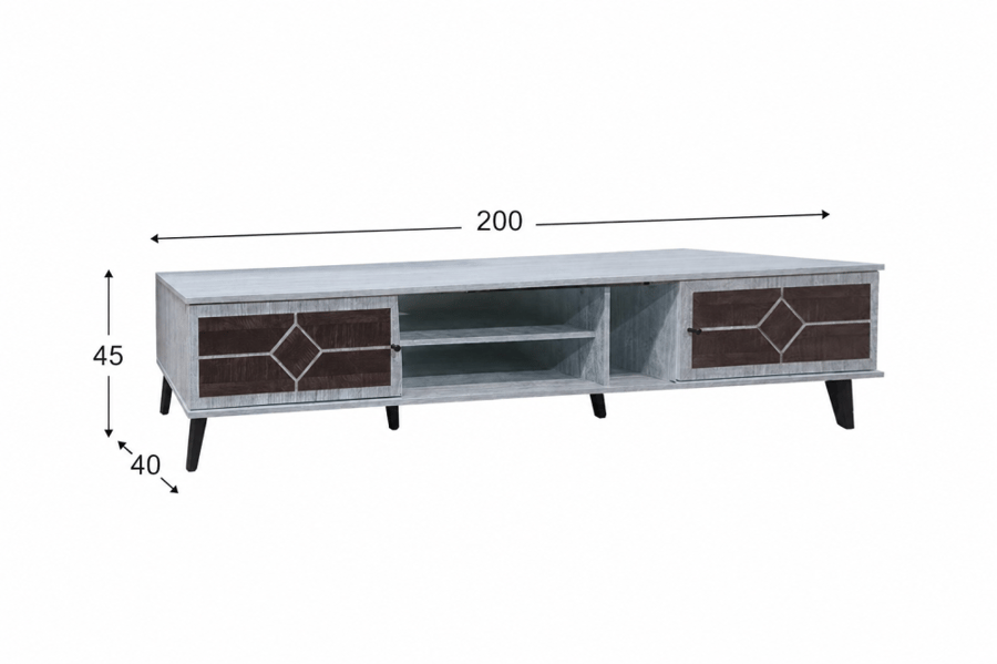طاولة تلفزيون أنيق بخامة خشب MDF ومعدن رمادي وبني 45 × 200 × 40 سم