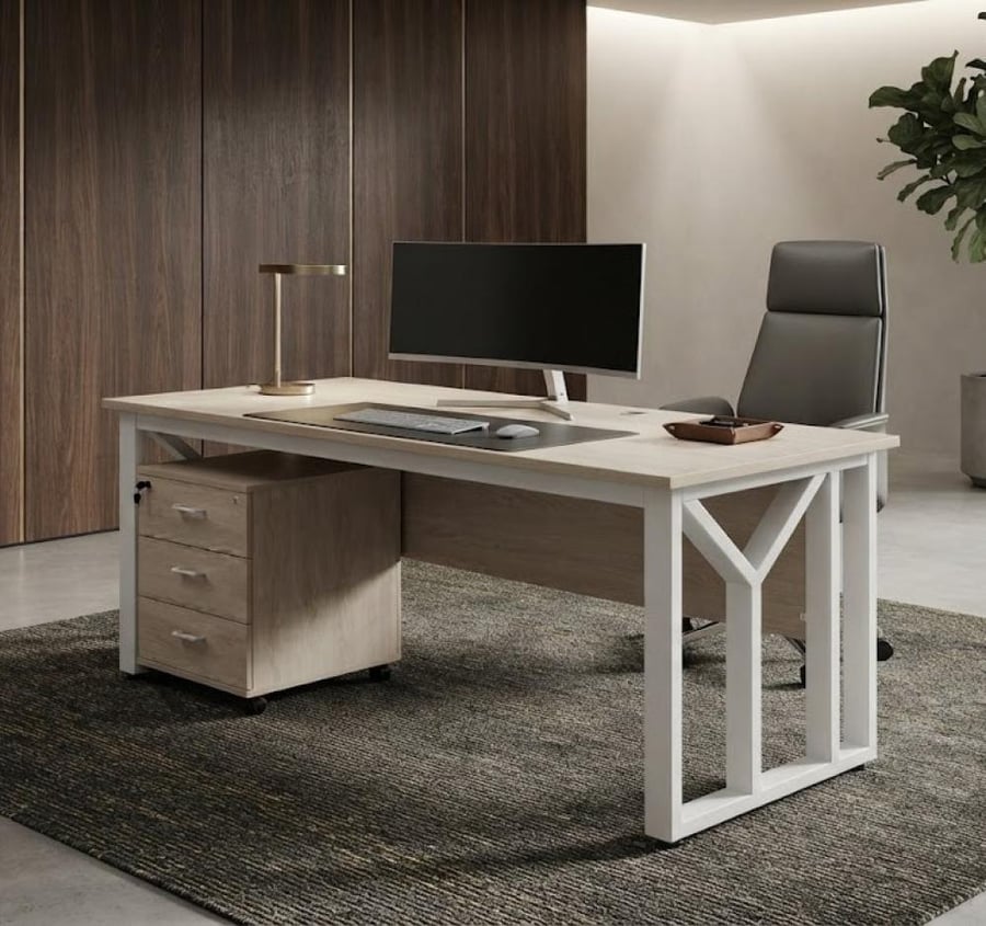 مكتب مميز بخامة خشب MDF أبيض وخشبي 160 × 80 × 75 سم