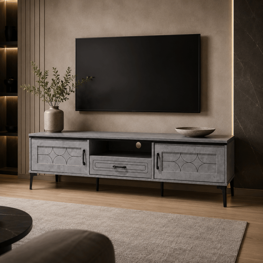 طاولة تلفزيون متناسق بخامة خشب MDF ومعدن رمادي 180 × 40 × 46 سم
