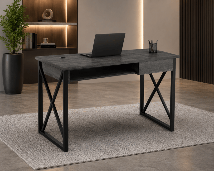 مكتب مميز بخامة خشب MDF ومعدن أسود ورمادي 120 × 60 × 75 سم