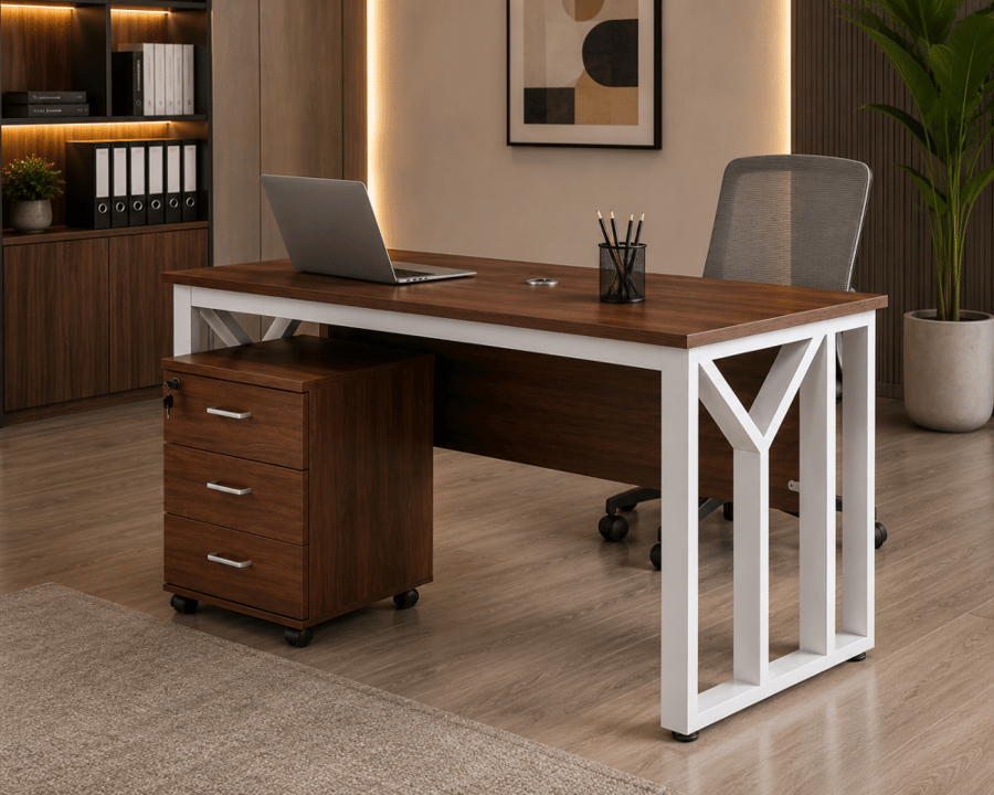 مكتب متين بخامة خشب MDF أبيض وبني 140 × 70 × 75 سم