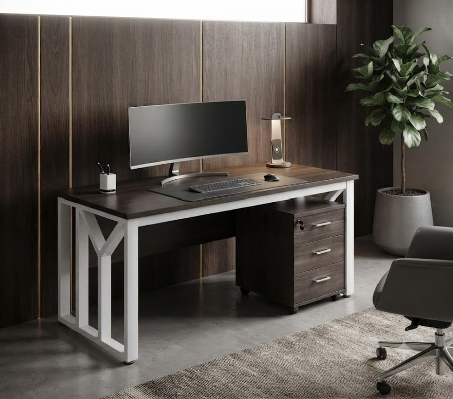 مكتب هادئ بخامة خشب MDF أبيض ورمادي 160 × 80 × 75 سم