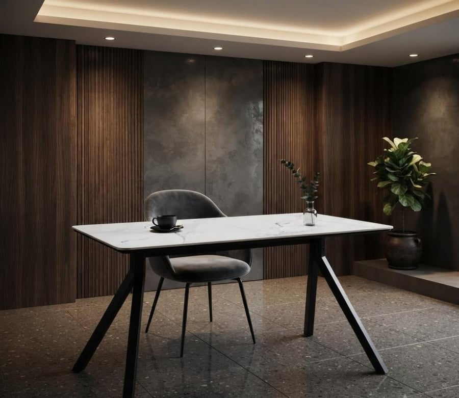 طاولة طعام مريح بخامة خشب MDF ومعدن وسيراميك أبيض 70 × 130 × 75 سم