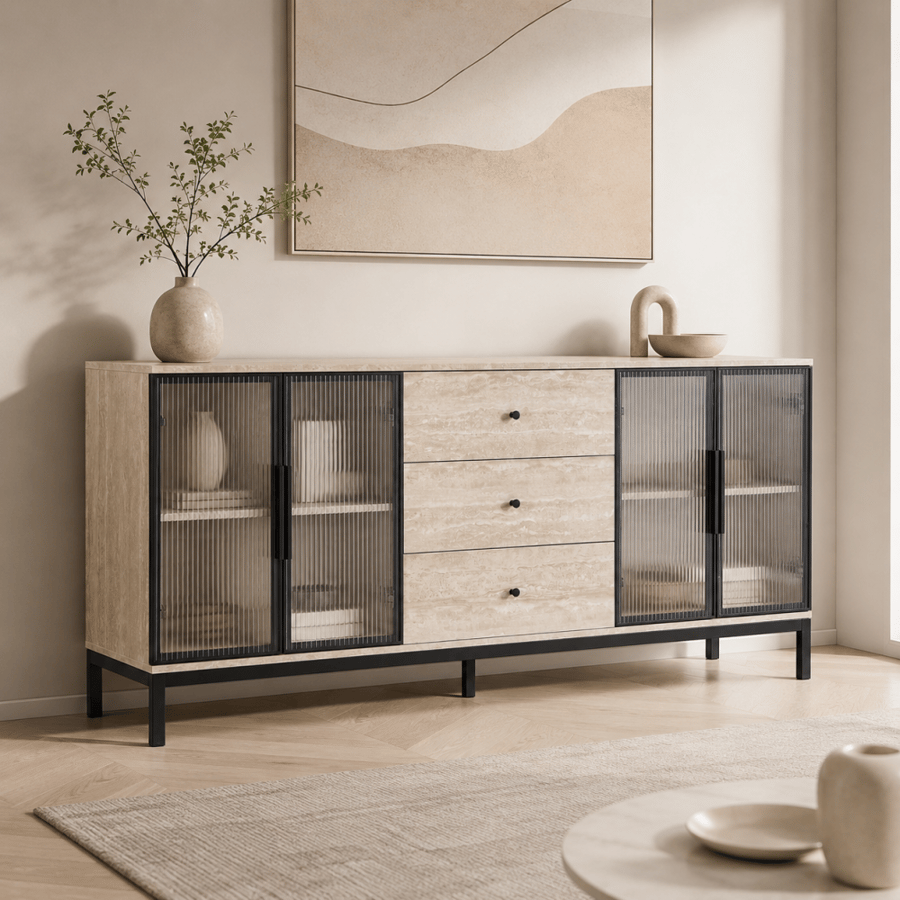 دولاب راقي بخامة خشب MDF ومعدن وزجاج أسود وخشبي 180 × 40 × 80 سم