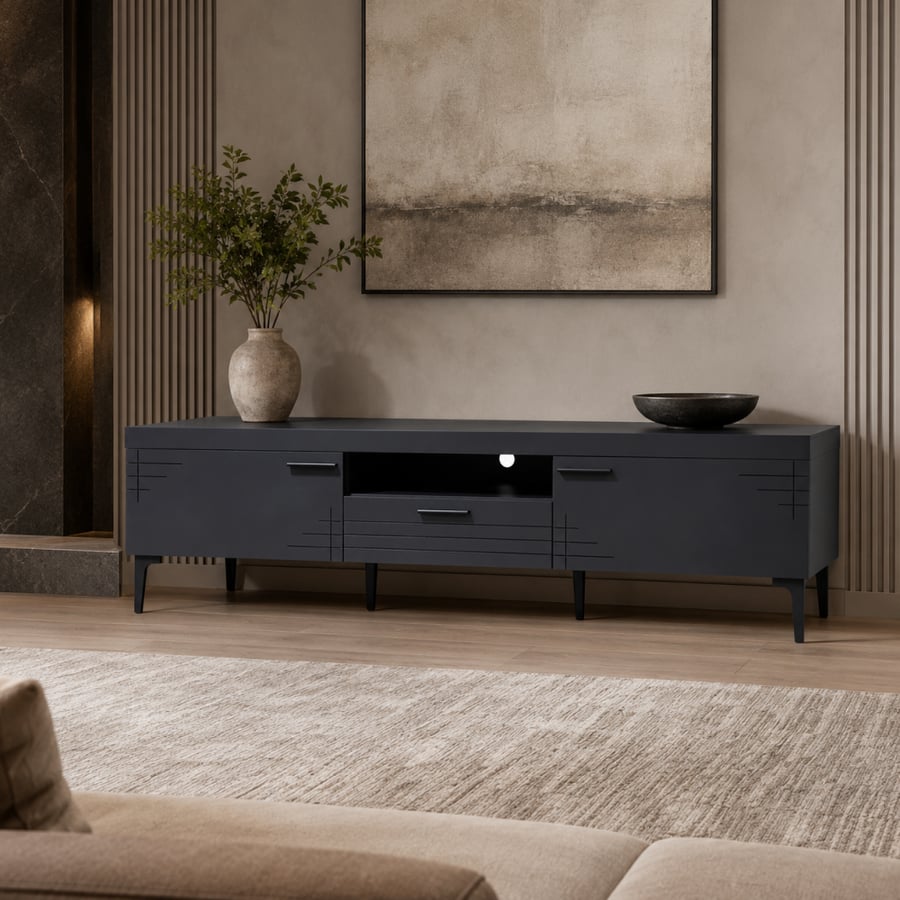 طاولات تلفزيون كبيرة بخامة خشب MDF ومعدن رمادي 180 × 40 × 46 سم
