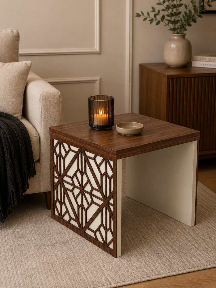 طاولة ضيافة مميز بخامة خشب MDF ومعدن أسود وأوف وايت 60 × 60 × 45 سم