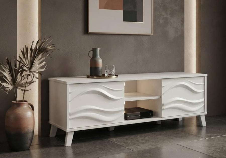 طاولة تلفزيون مع رفوف بخامة خشب MDF ومعدن أبيض 160 × 40 × 45 سم