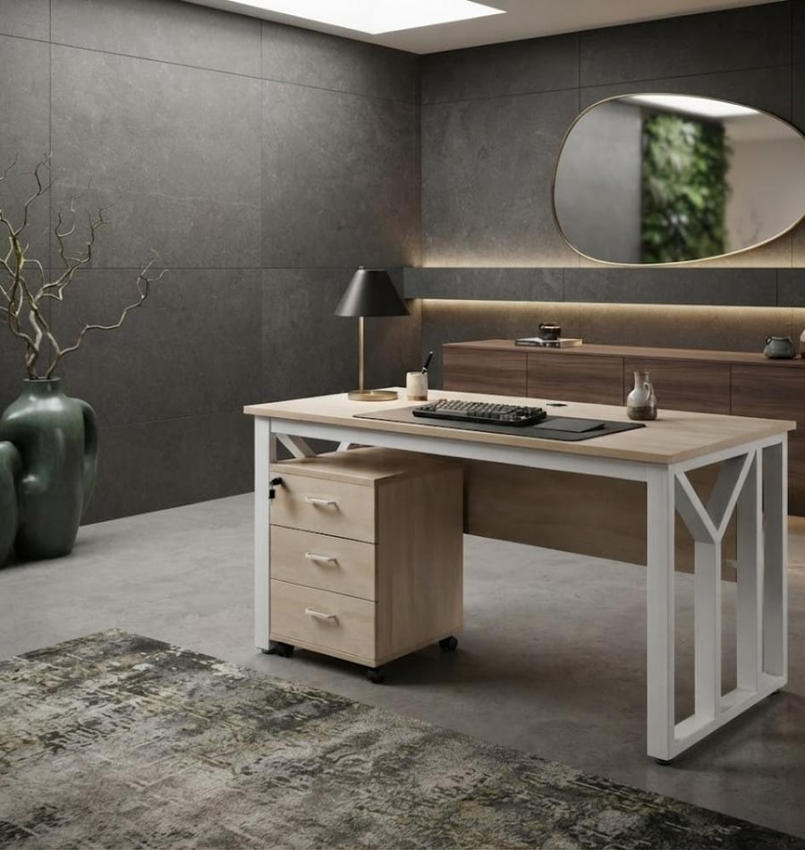 مكتب مرتب بخامة خشب MDF أبيض وخشبي 140 × 70 × 75 سم