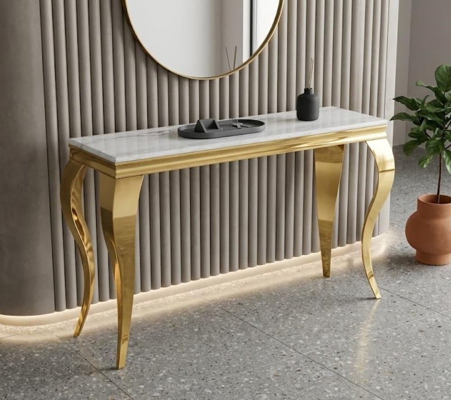طاولة كونسول مرتب بخامة معدن ورخام أبيض وذهبي 140 × 40 × 80 سم