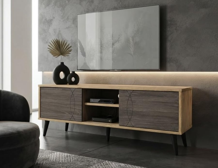 طاولة تلفزيون مريح بخامة خشب MDF ومعدن رمادي وخشبي 140 × 40 × 44.5 سم