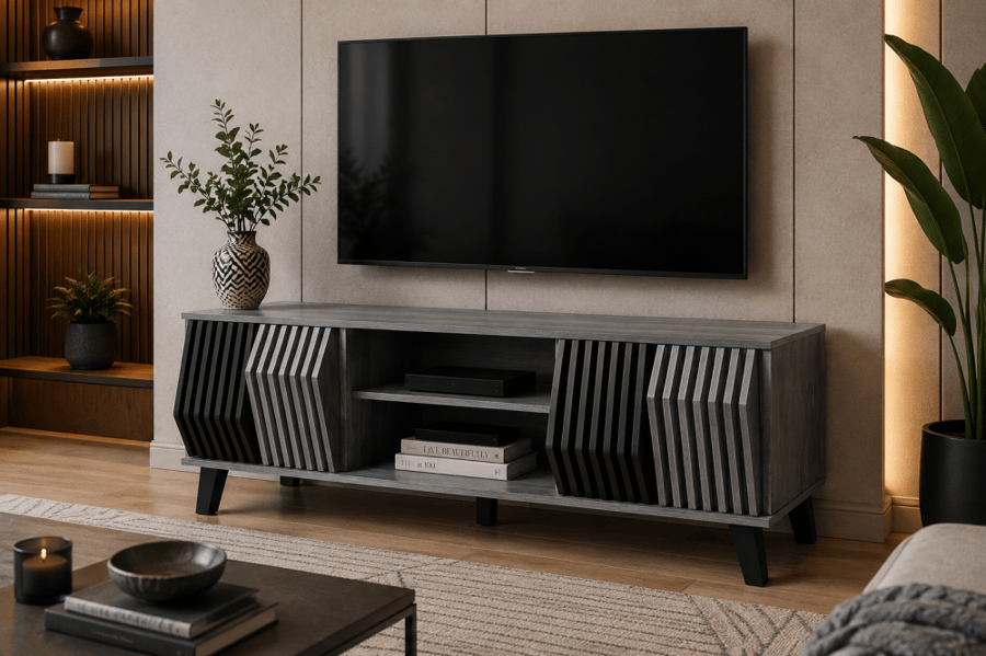 طاولة تلفزيون عملي بخامة خشب MDF ومعدن أسود ورمادي 140 × 40 × 44.5 سم