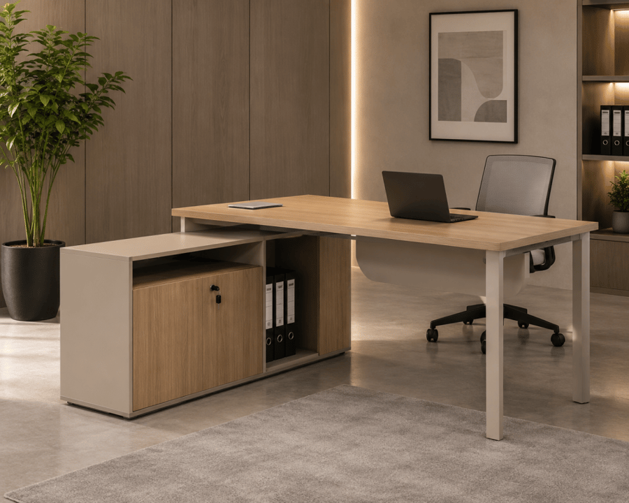مكتب ديكوري بخامة خشب MDF ومعدن بيج وخشبي 140 × 70 × 75 سم