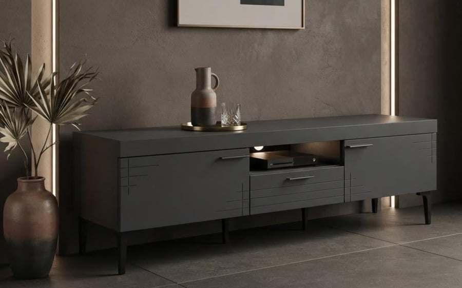 طاولة تلفزيون كلاسيك بخامة خشب MDF ومعدن رمادي 160 × 40 × 46 سم