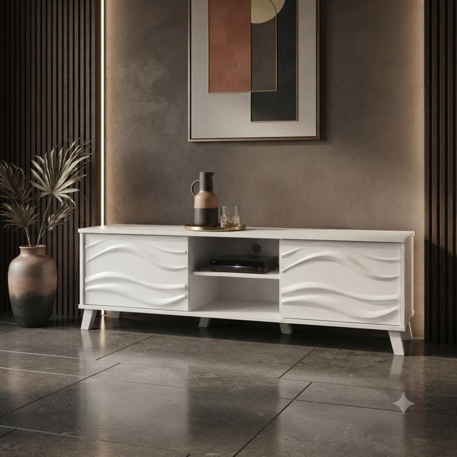 طاولة تلفزيون ابيض بخامة خشب MDF ومعدن أبيض 180 × 40 × 45 سم