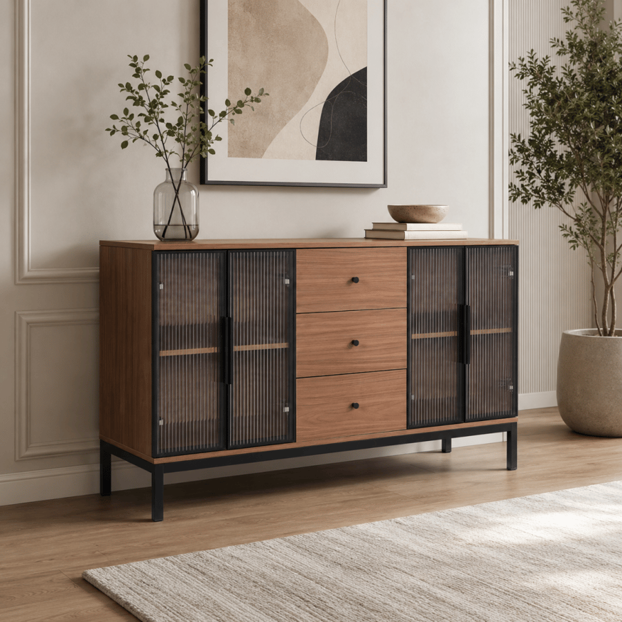 دولاب عصري بخامة خشب MDF ومعدن وزجاج أسود وخشبي 140 × 40 × 80 سم
