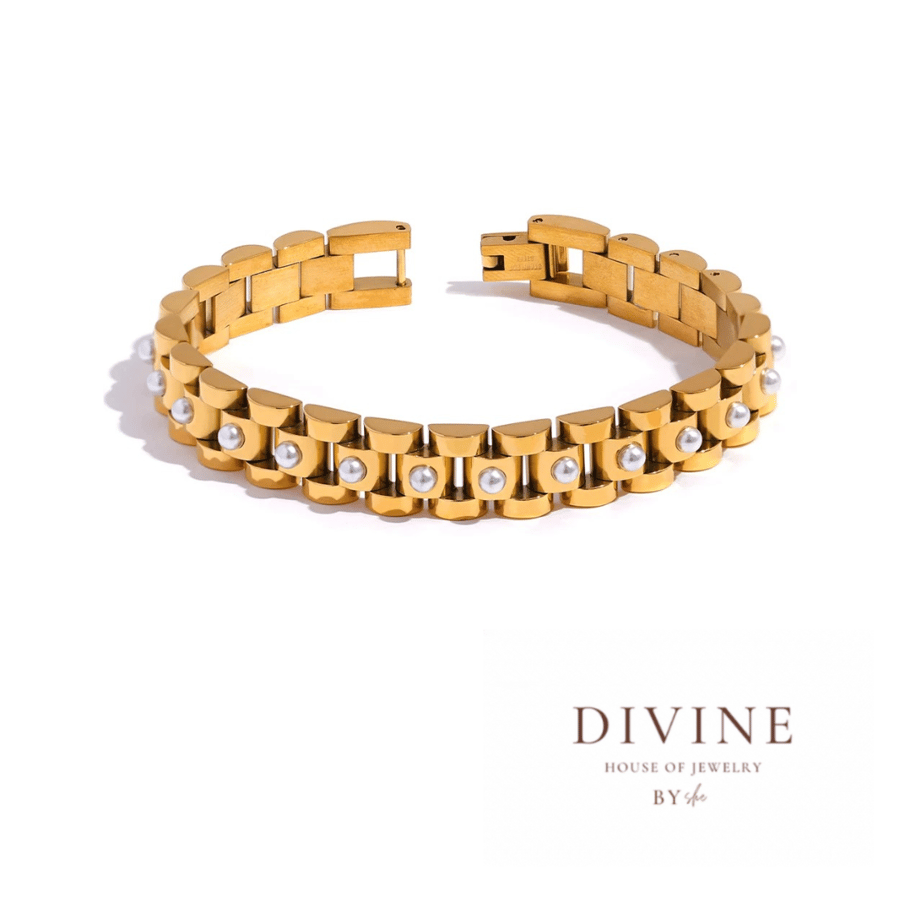 steel 18k gold plated pearly chain bracelet