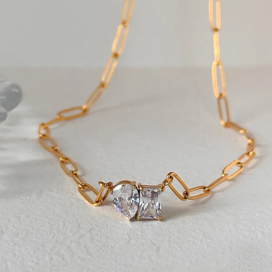 Twin stones gold plated steel necklace