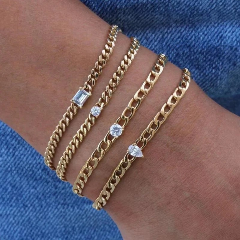 Round stone gold plated steel chain bracelet
