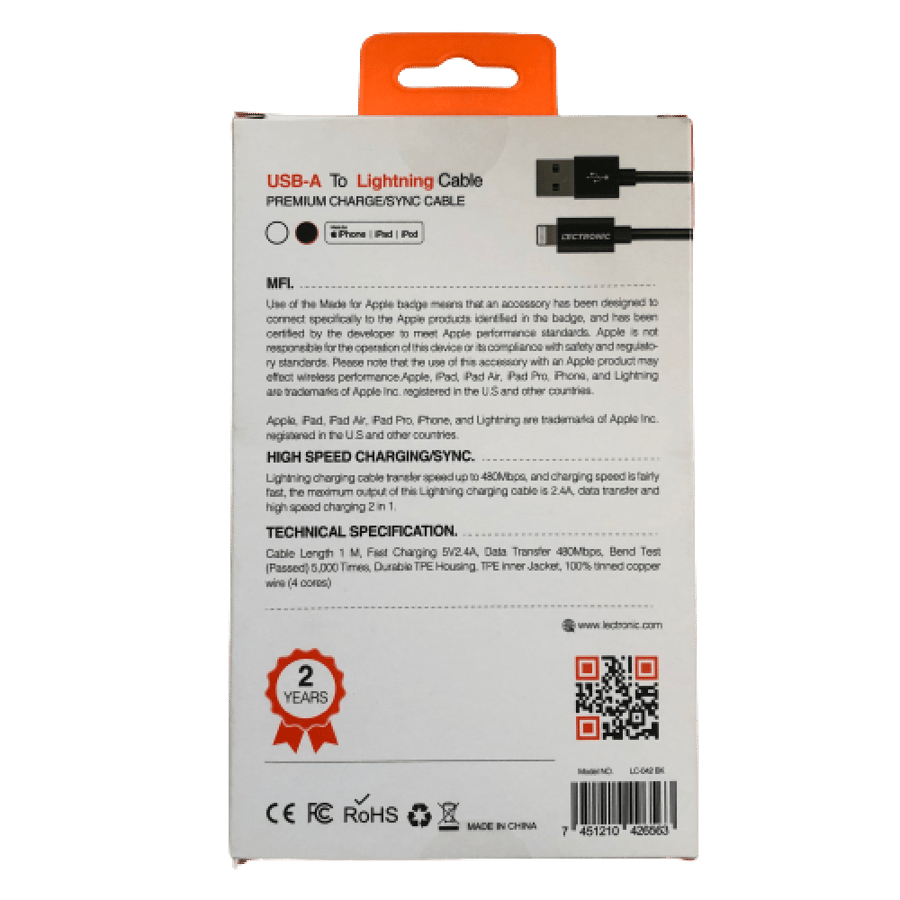 كيبل شحن USB-A شحن سريع 1مترlectronic 2.4A