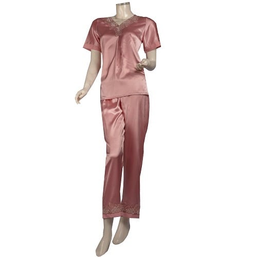 Silk satin pajamas decorated on the edges