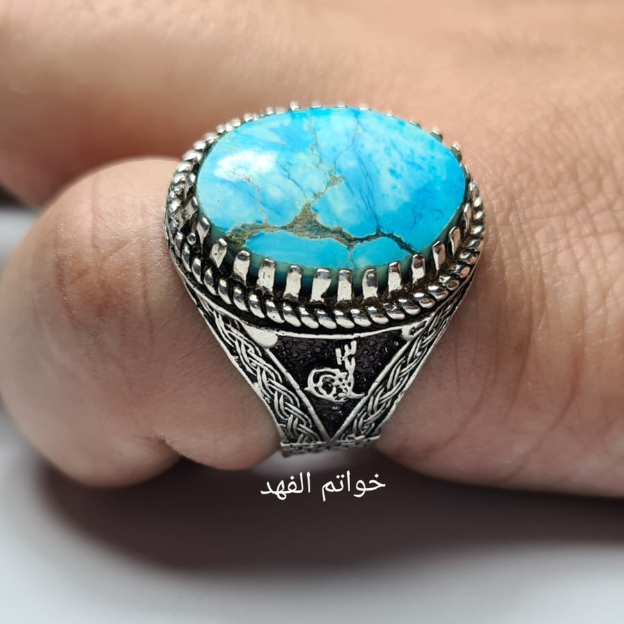 خاتم فضه يمني بحجر فيروز طبيعي فاخر