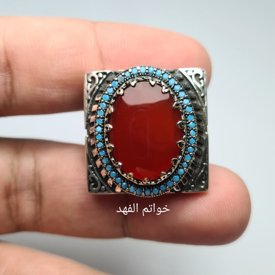 خاتم فضه تركي مميز بحجر عقيق يمني طبيعي طلب خاص لعميل