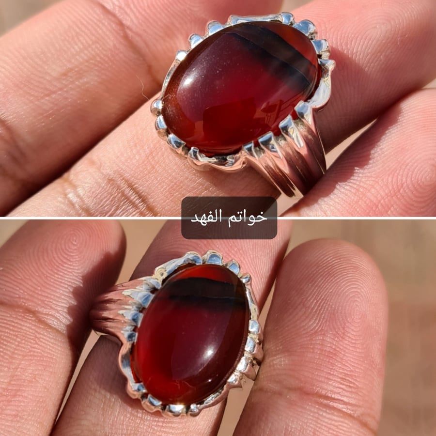 خاتم خواتم فضه فخمه حجر عقيق احمر يمني طبيعي انسي ياقوتي رماني طاد نون
