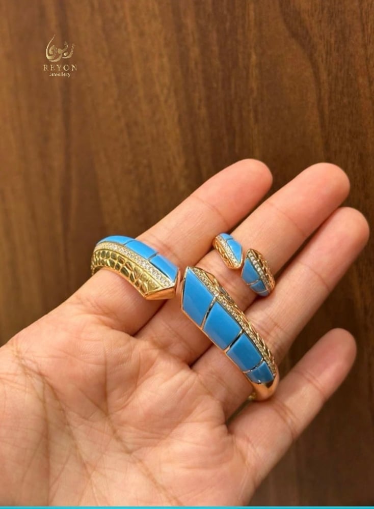 خاتم فضه مطلي ذهب لون سماوي