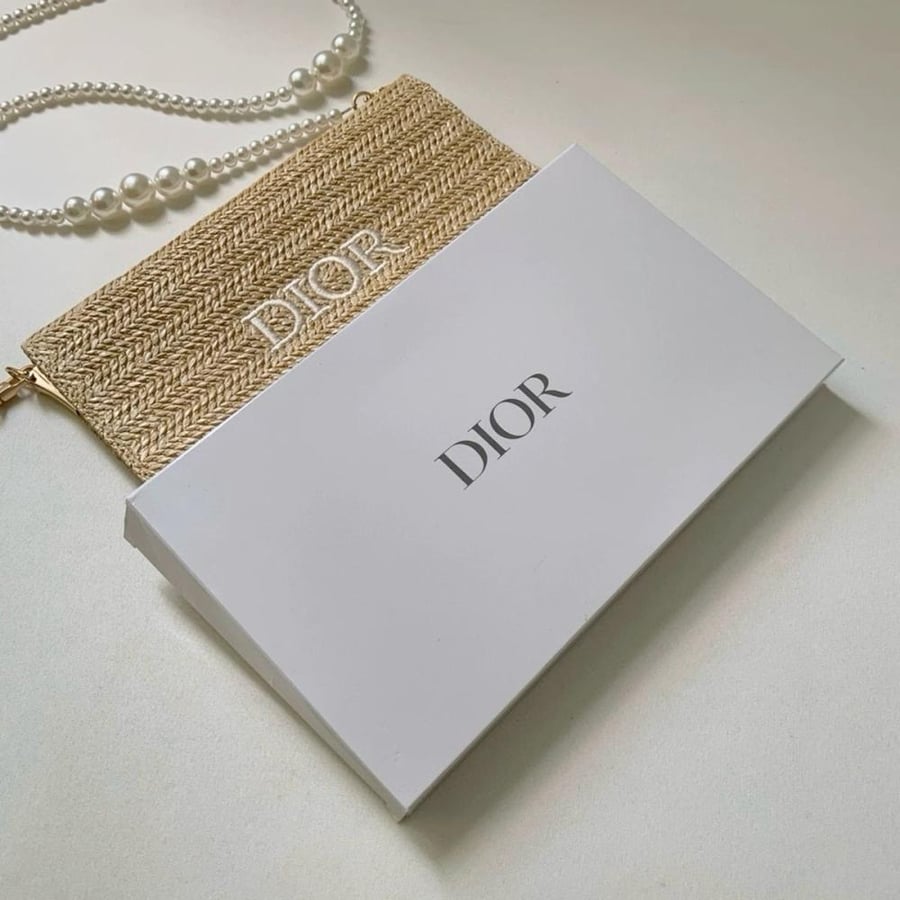 Dior raffia Clutch Bag With Pearl Strap