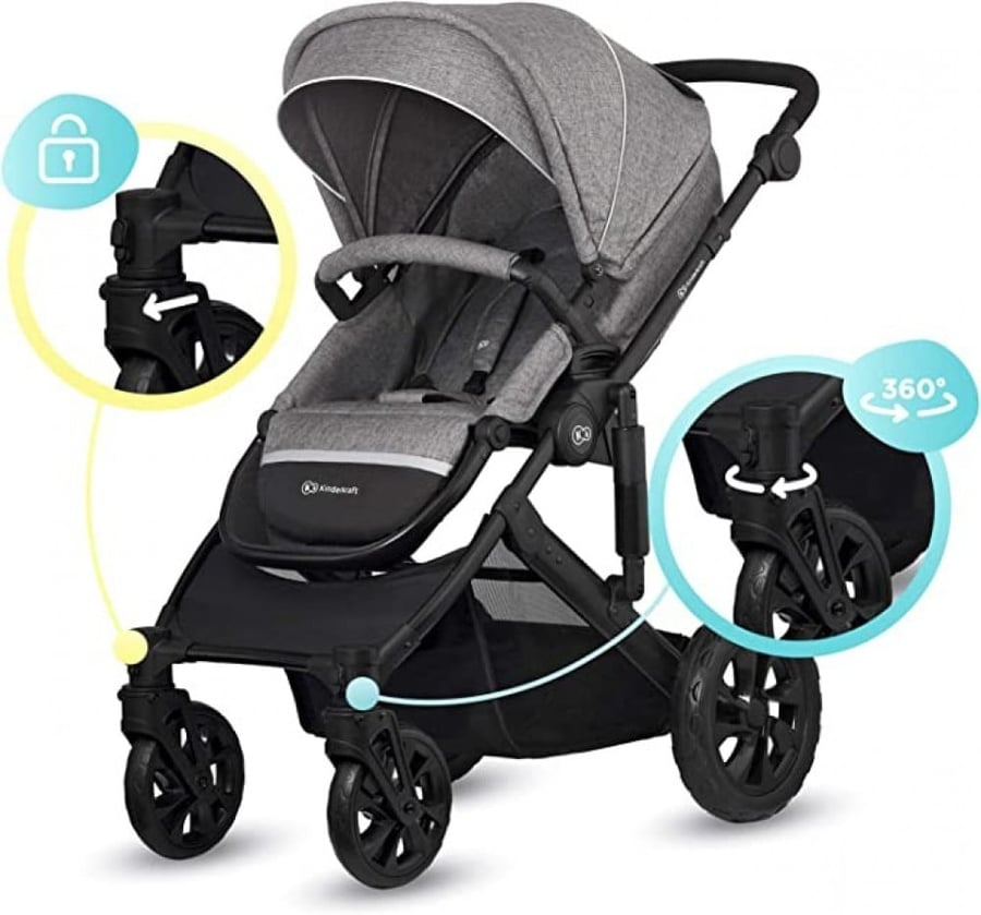 Prime Lite 3 in 1 baby stroller from Kindercraft, gray color, 13.80 kg - one piece package