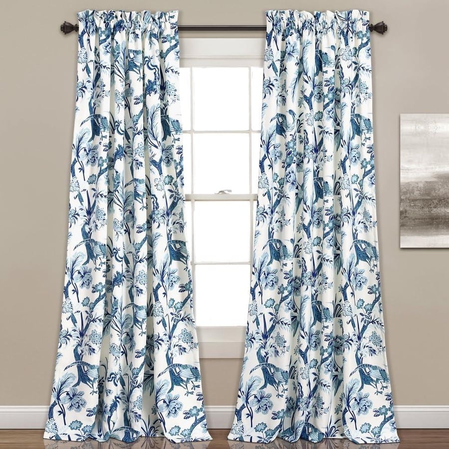 Lush Decor Dolores Light Filtering Window Panels, Pair, 52" W x 84" L, Blue - Toile Curtains - Floral Bird Print - Grandmillennial & French Country Curtains - Cottage & Maximalist Home Decor