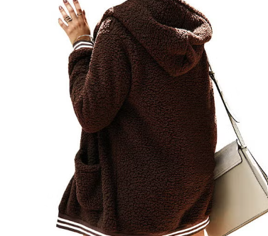 كارديجان مخملي مزود بغطاء للرأس وجيبين بني للنساء size-2XL
