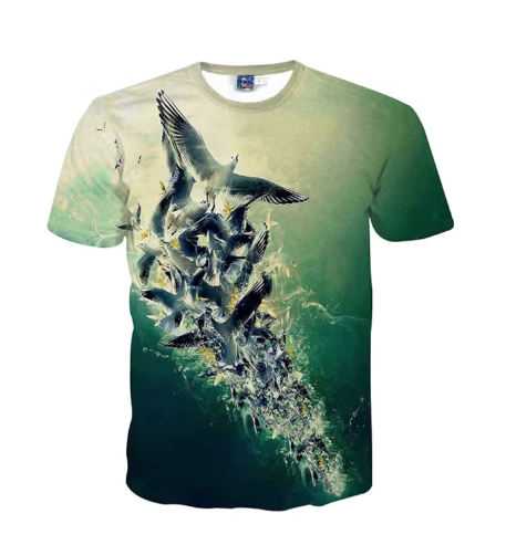 تيشيرت مطبوع عليه طيور أخضر/أزرق size-L