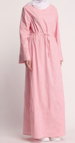 قفطان طويل برباط إغلاق وأكمام طويلة بنمط مخطط وردي SIZE- l