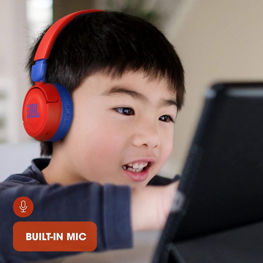 سماعات رأس سلكية للأطفال JBL Jr 310، صوت آمن (أقل من 85 ديسيبل)، ميكروفون مدمج، عصابة رأس مبطنة ناعمة، وسادة أذن مريحة، تصميم صغير الحجم وقابل للطي، كابل مسطح من جانب واحد - أحمر، JBLJR310RED