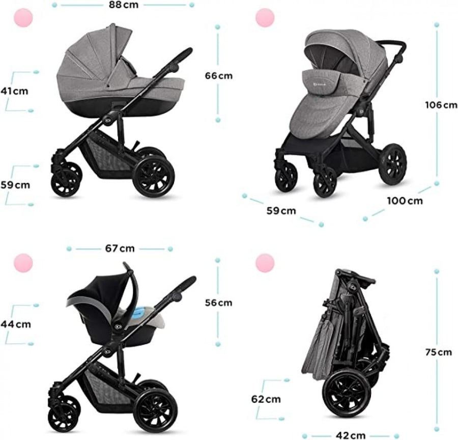 Prime Lite 3 in 1 baby stroller from Kindercraft, gray color, 13.80 kg - one piece package