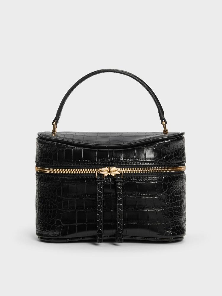 حقيبة بانزي فانيتي بنقش الكروك - أسود | Pansy Croc-Effect Vanity Bag - Black