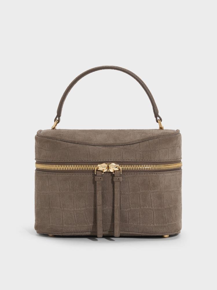 حقيبة بانزي فانيتي بنقش الكروك - رمادي حجري | Pansy Croc-Effect Vanity Bag - Stone Grey