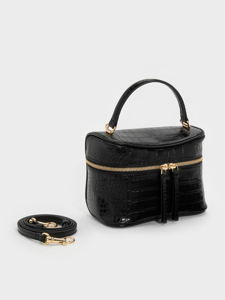 حقيبة بانزي فانيتي بنقش الكروك - أسود | Pansy Croc-Effect Vanity Bag - Black