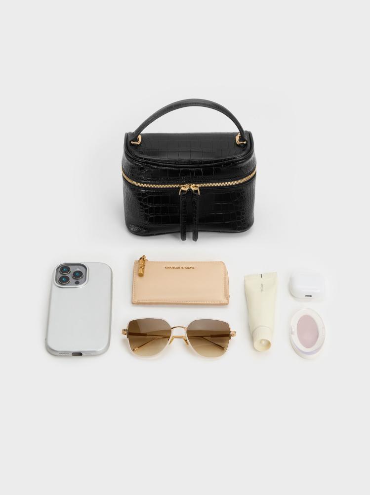 حقيبة بانزي فانيتي بنقش الكروك - أسود | Pansy Croc-Effect Vanity Bag - Black