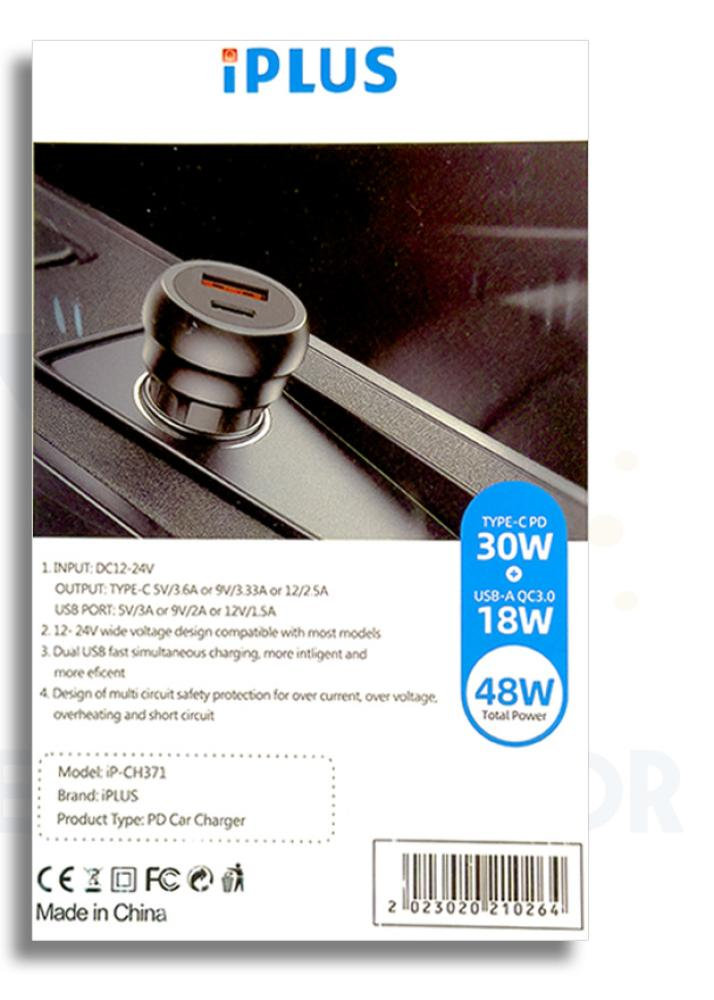 شاحن سيارة iPLUS بقوة شحن فائقة 48 واط - منفذين TYPE-C PD و USB-A QC3.0