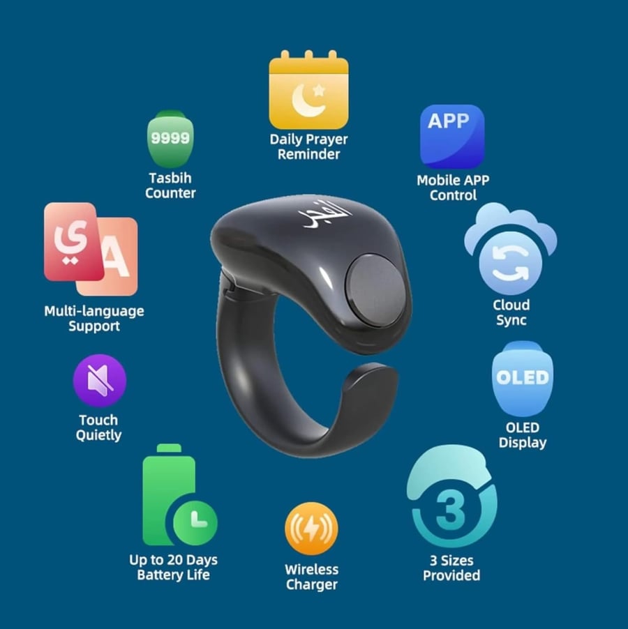 WESLAMIC – خاتم التسبيح الذكي بتذكير للصلاة ، شاشة OLED ، مقاوم للماء ، وبطارية تدوم 10 أيام أسود = 6978066040015