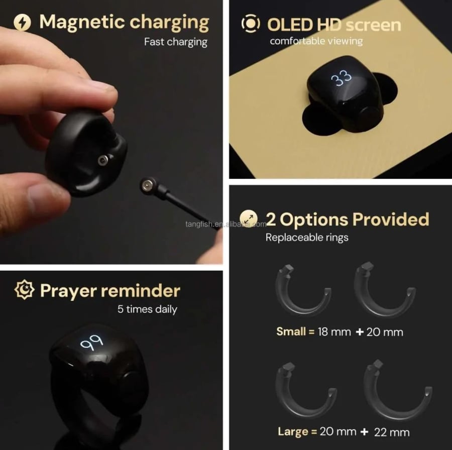 WESLAMIC – خاتم التسبيح الذكي بتذكير للصلاة ، شاشة OLED ، مقاوم للماء ، وبطارية تدوم 10 أيام أسود = 6978066040015