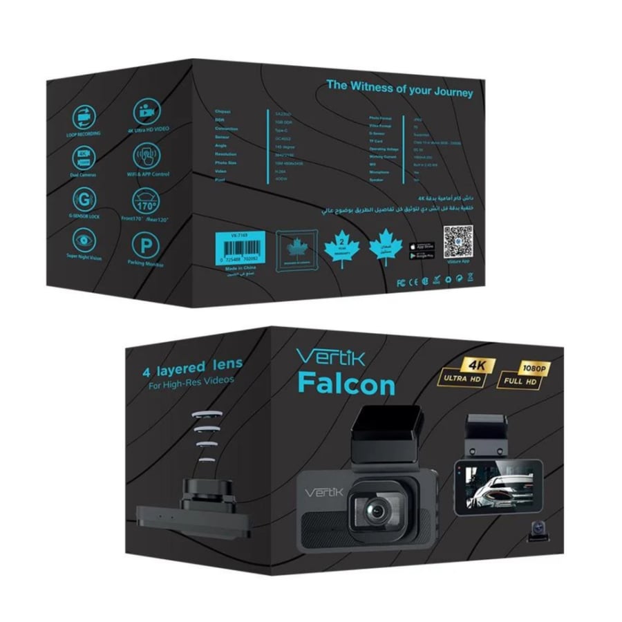 Vertik Falcon كاميرا سيارة داش كام بدقة 4K للواجهة الأمامية و1080p للواجهة الخلفية اسود = 0725488702092