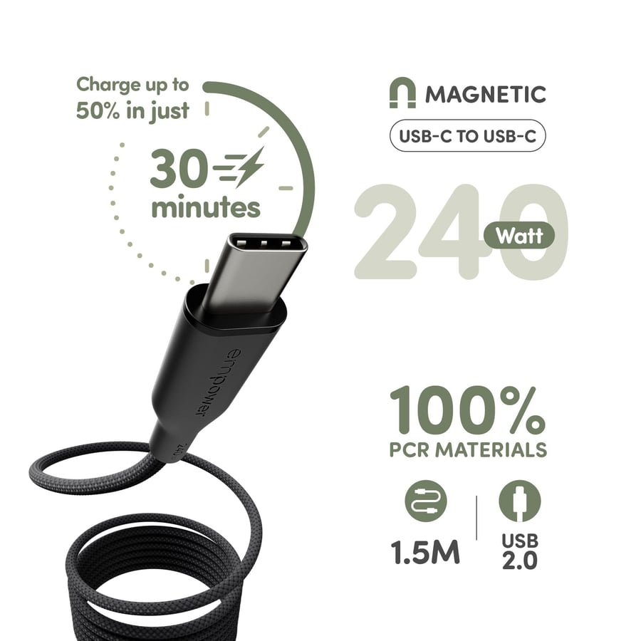 panzerglass بانزر جلاس كابل مغناطيسي USB-C إلى USB-C بقوة 240 واط أسود فضائي=  5715685027697