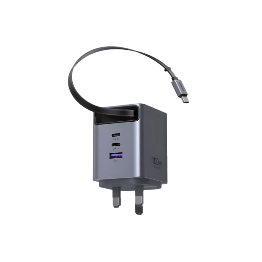 UGREEN يوجرين شاحن جداري Nexode Pro بتقنية GaN وسلك قابل للسحب بمنفذين USB-C وبمنفذ USB وبقوة 100 واط رمادي = 6941876268290