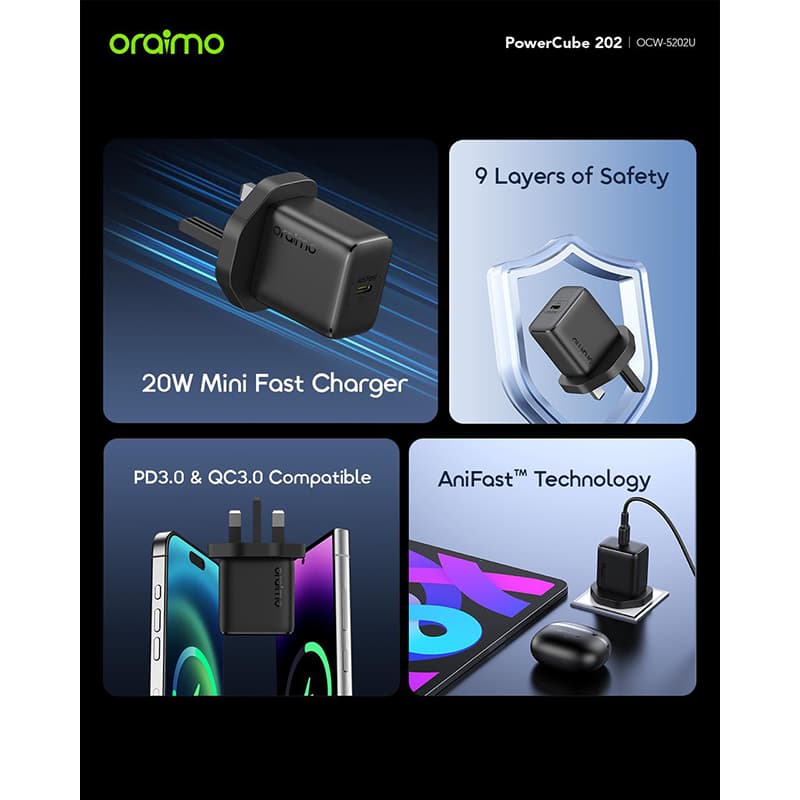 Oraimo أورايمو راس شاحن تايب سي بقوة 20 واط أبيض = 4894947096853